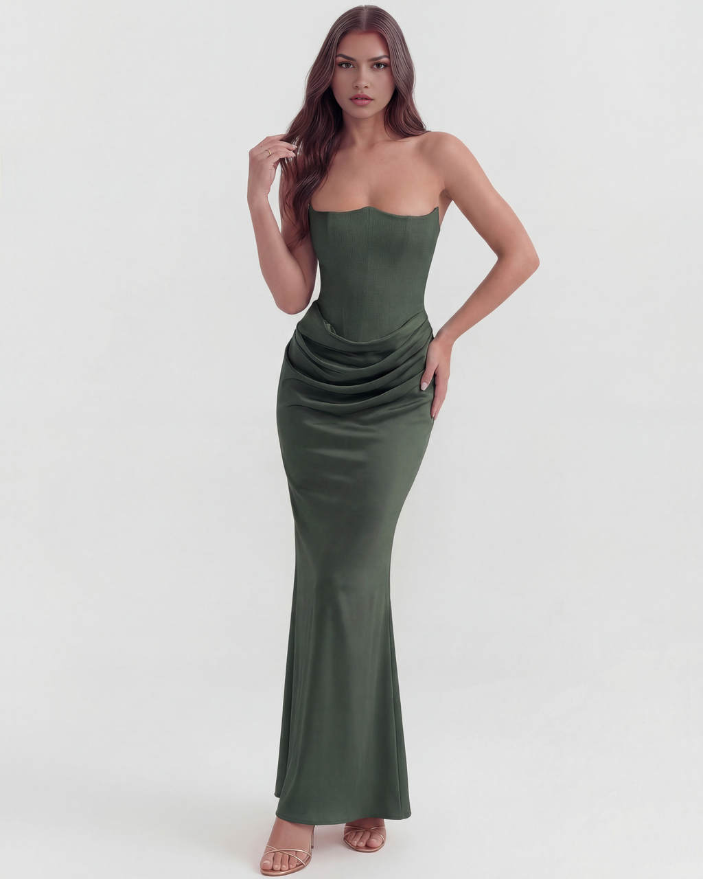 Forest Green Boned Corset Crepe Maxi Dress – Cinched Waist Formal Wedding Guest Gown