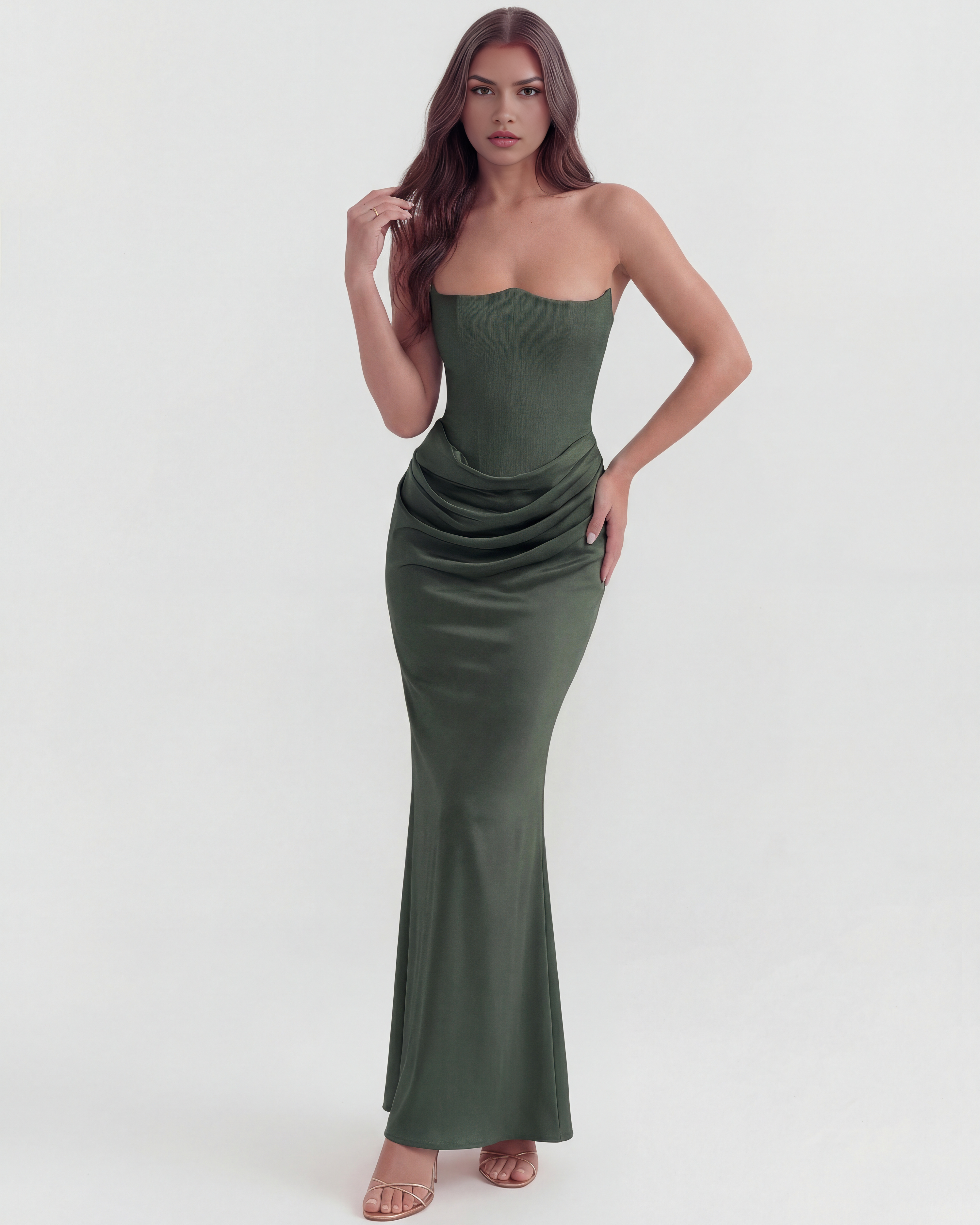 Forest Green Boned Corset Crepe Maxi Dress – Cinched Waist Formal Wedding Guest Gown
