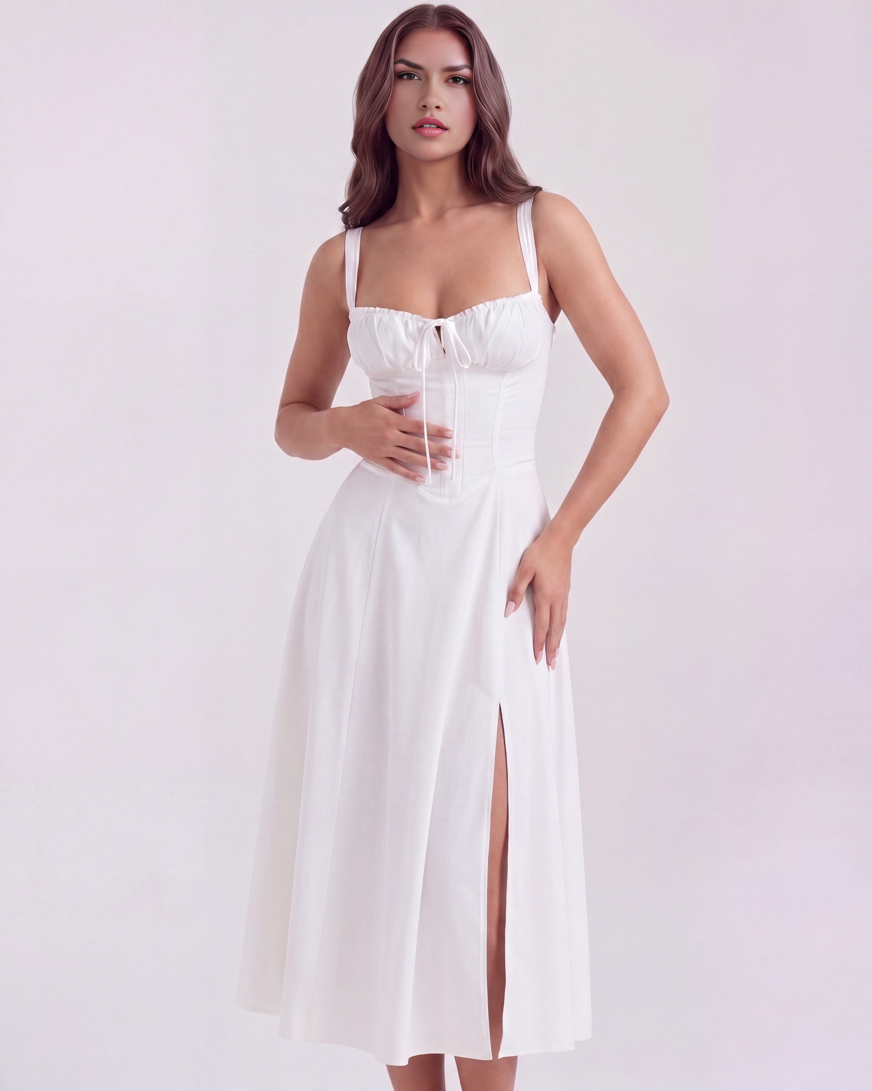 White Corseted Lace-Up Long Dress – Wedding Guest Garden Party Gown