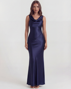 Deep Blue Satin Cowl Neck Open Back Maxi Gown – Black Tie Wedding Guest Dress