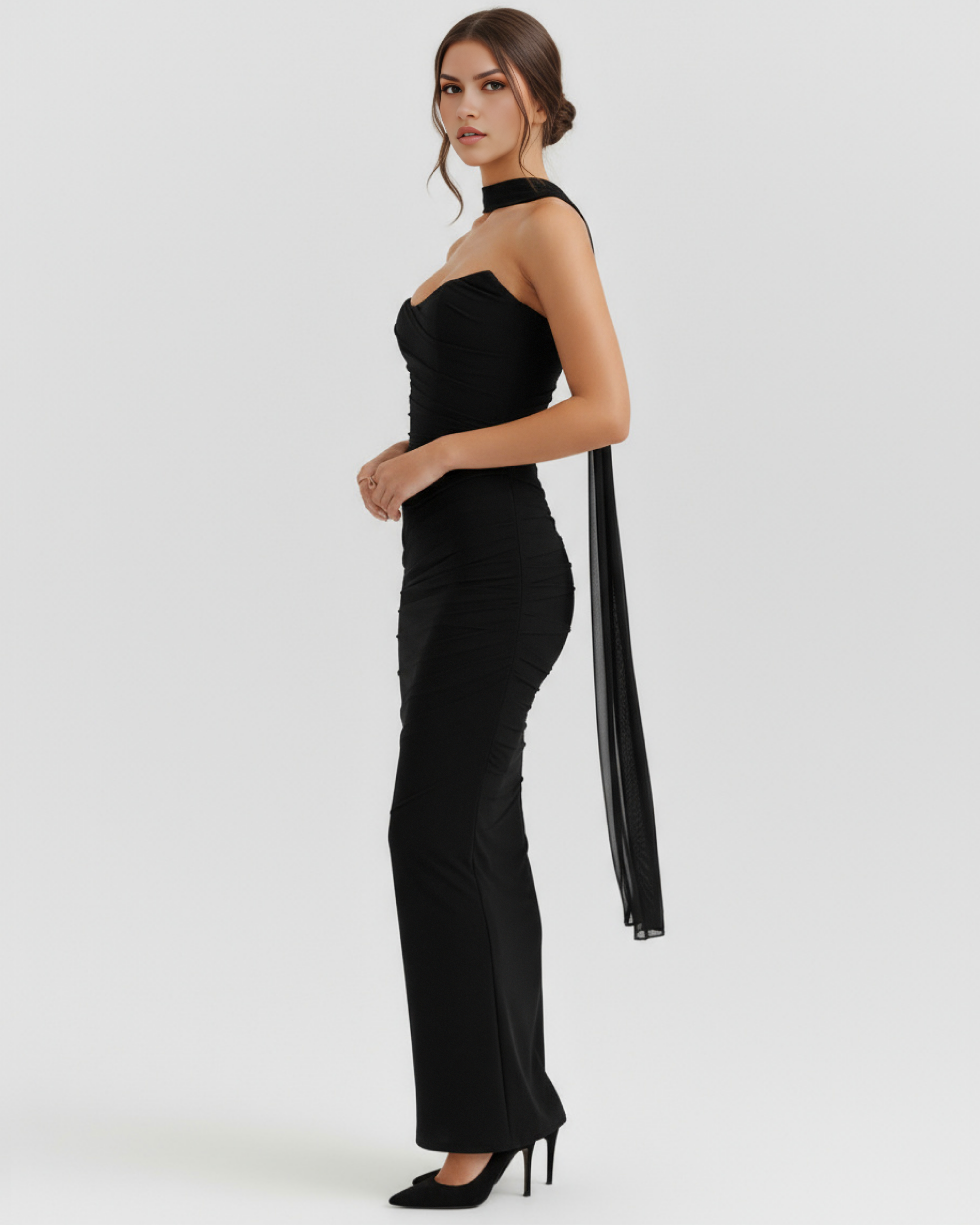 Mesh Corset Maxi Skirt & Scarf Three-Piece Set – Elegant Wedding Guest Outfit