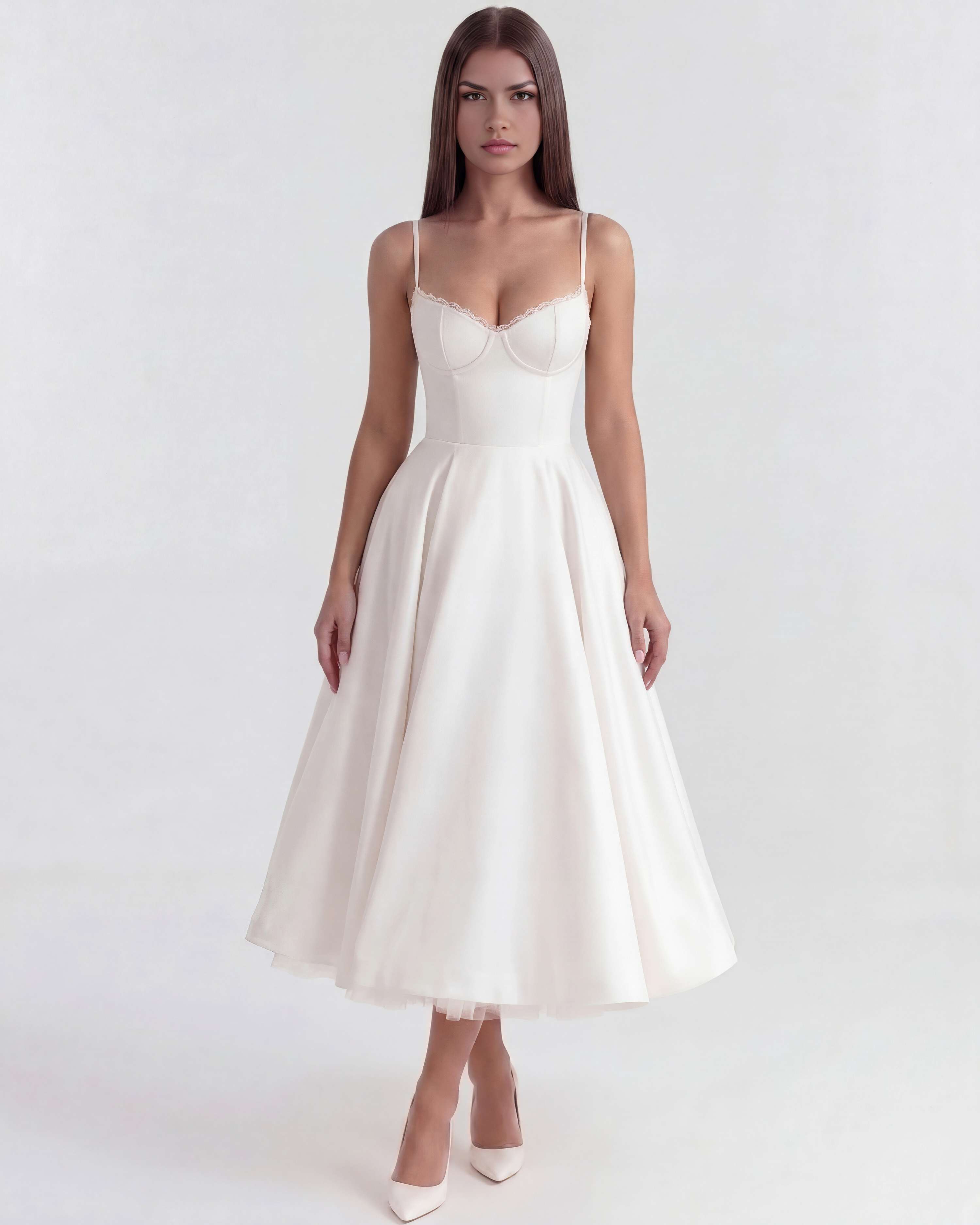 White Satin Tulle Boned Sweetheart Midi Dress with Pockets – Fairytale Wedding Guest Gown