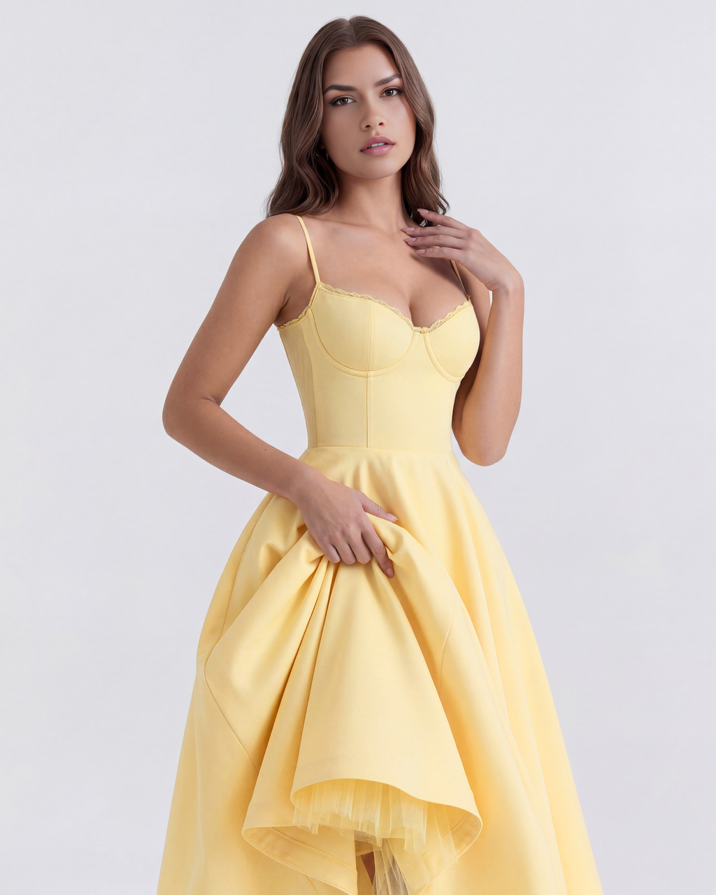 Buttergelbes Satin-Tüll-Midi-Kleid mit Korsett-Oberteil und Taschen – Frühlings-Hochzeitsgast-Kleid
