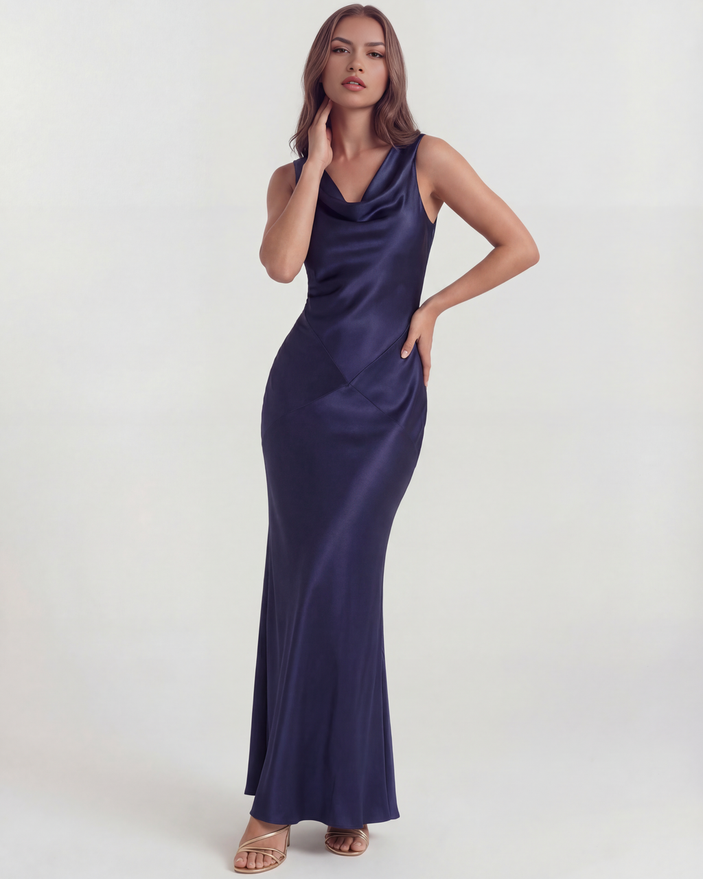 Deep Blue Satin Cowl Neck Open Back Maxi Gown – Black Tie Wedding Guest Dress