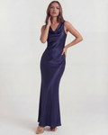 Deep Blue Satin Cowl Neck Open Back Maxi Gown – Black Tie Wedding Guest Dress