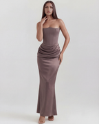 Burgundy Boned Corset Crepe Long Gown – Glamorous Wedding Guest Formal Dress
