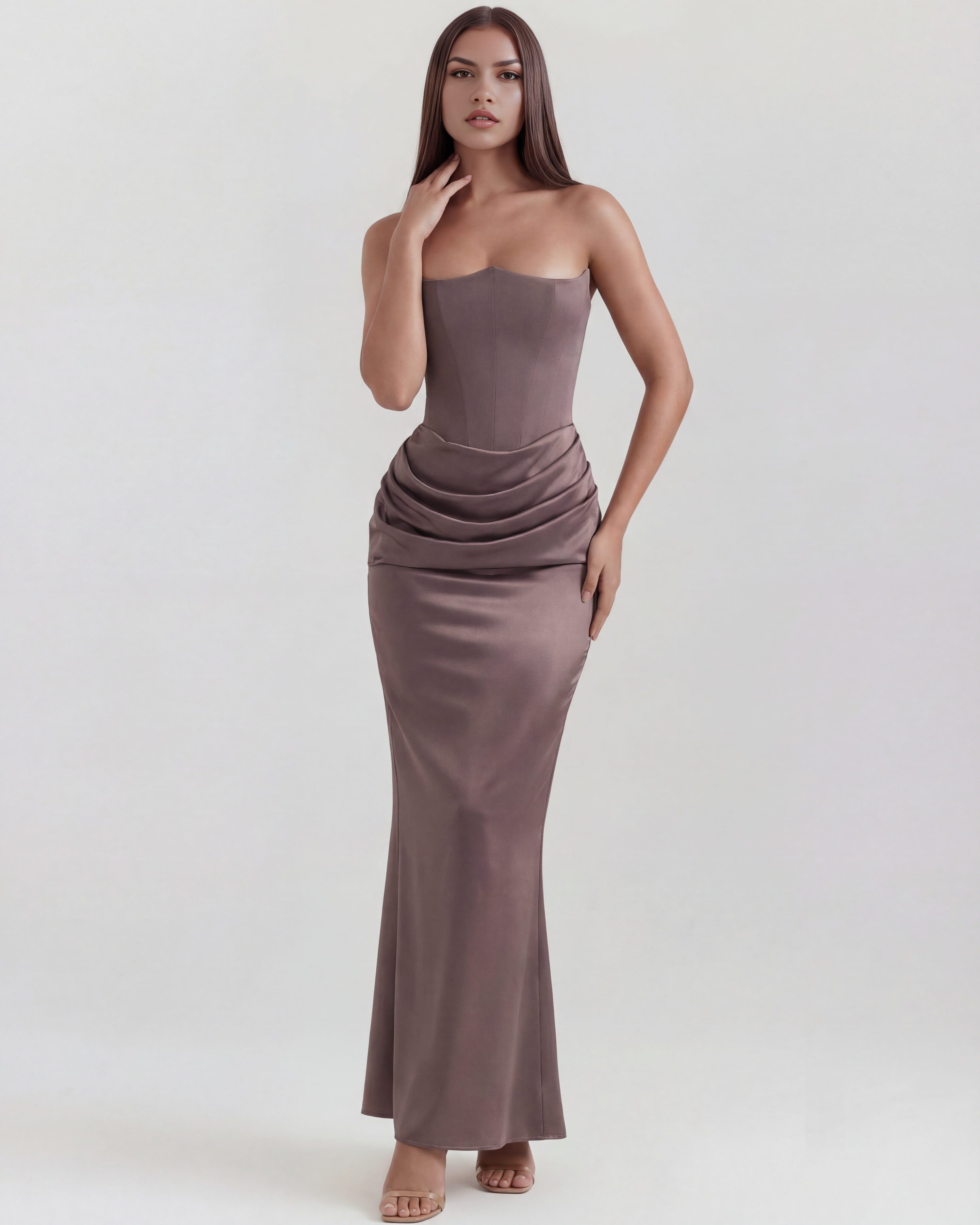 Burgundy Boned Corset Crepe Long Gown – Glamorous Wedding Guest Formal Dress