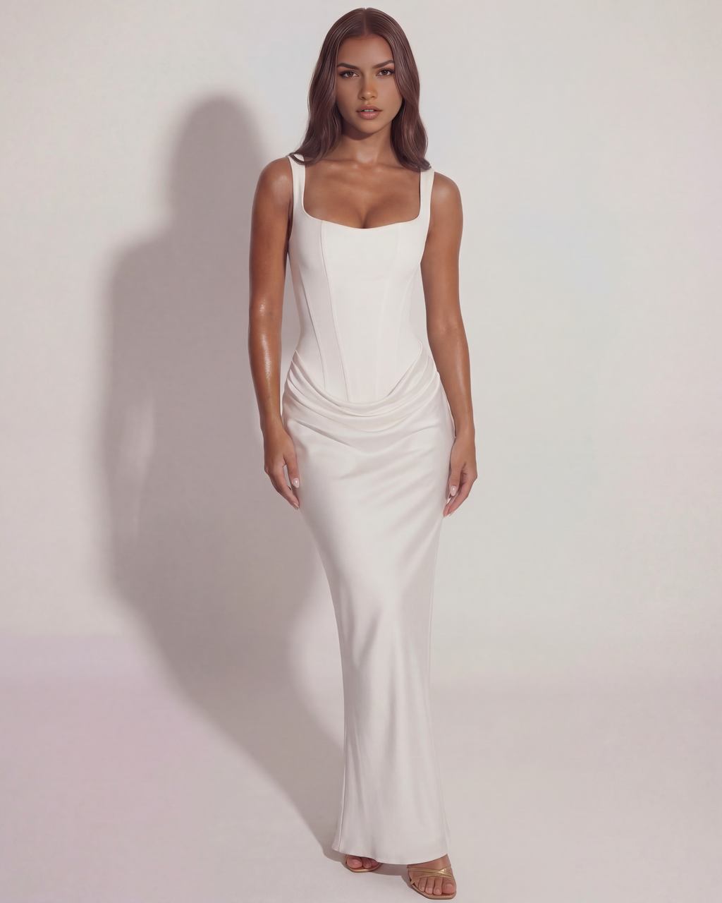 White Satin Lace-Up Back Maxi Gown – Bridal Wedding Guest Evening Dress