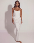 White Satin Lace-Up Back Maxi Gown – Bridal Wedding Guest Evening Dress