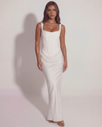 White Satin Lace-Up Back Maxi Gown – Bridal Wedding Guest Evening Dress