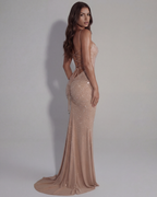 Gradient Rhinestone Square Neck Maxi Dress – Embellished Mesh Gown Open Lace-Up Back