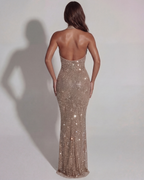 Gold Rhinestone Halter Plunge Maxi Dress – Hotfix Embellished Mesh Evening Gown 2026