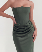 Forest Green Boned Corset Crepe Maxi Dress – Cinched Waist Formal Wedding Guest Gown