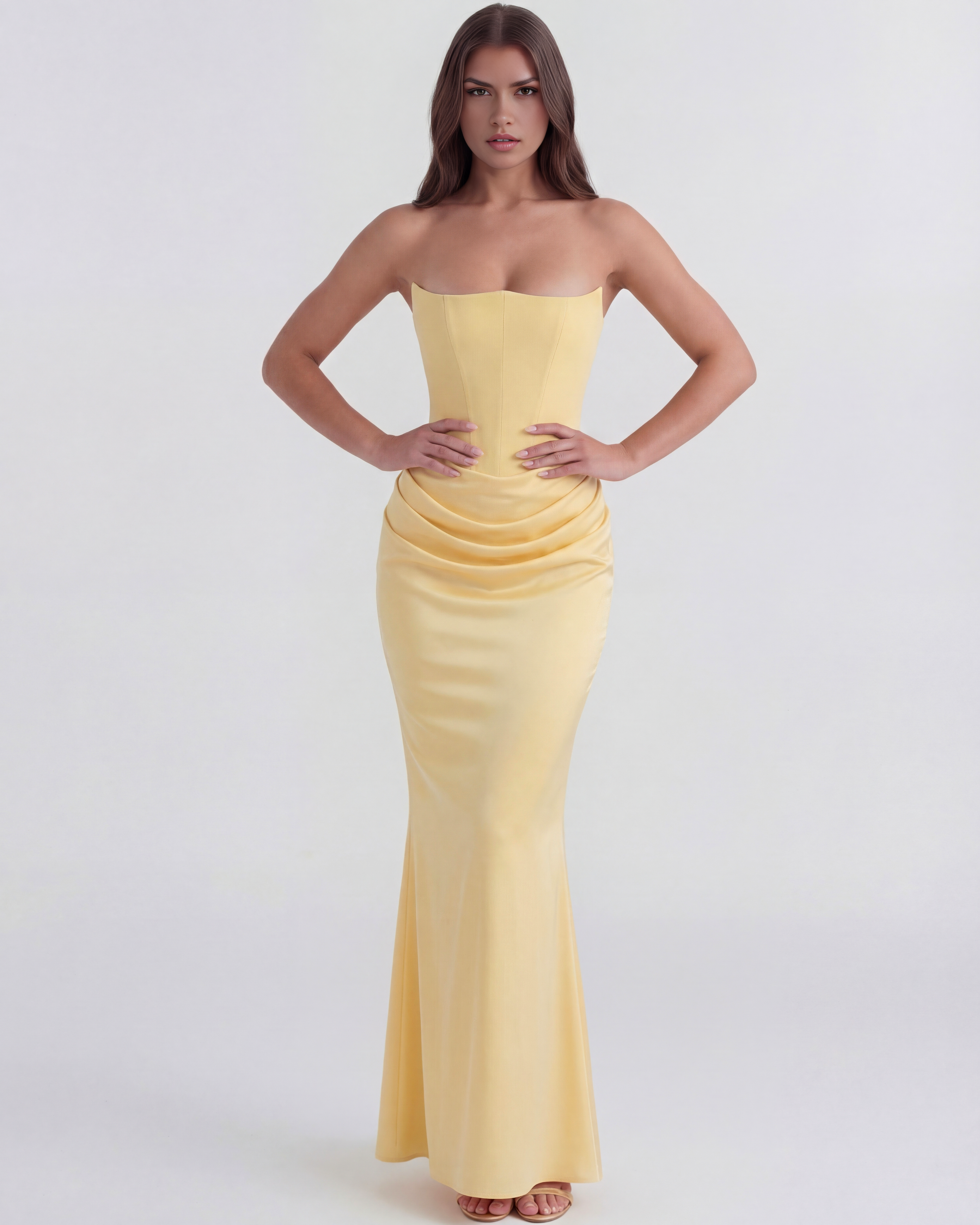Butter Yellow Boned Corset Crepe Long Gown – Spring Wedding Guest Formal Dress
