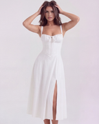 White Corseted Lace-Up Long Dress – Wedding Guest Garden Party Gown