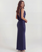 Deep Blue Satin Cowl Neck Open Back Maxi Gown – Black Tie Wedding Guest Dress