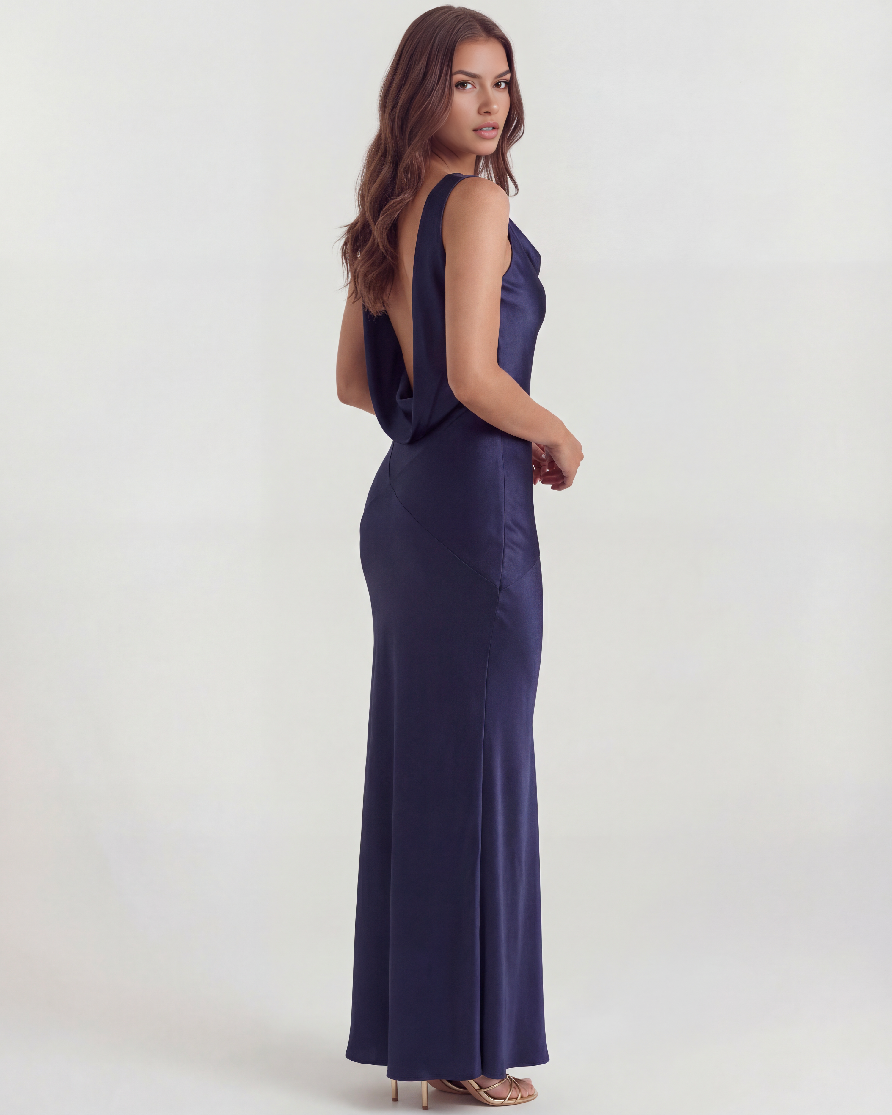 Deep Blue Satin Cowl Neck Open Back Maxi Gown – Black Tie Wedding Guest Dress