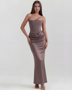 Burgundy Boned Corset Crepe Long Gown – Glamorous Wedding Guest Formal Dress