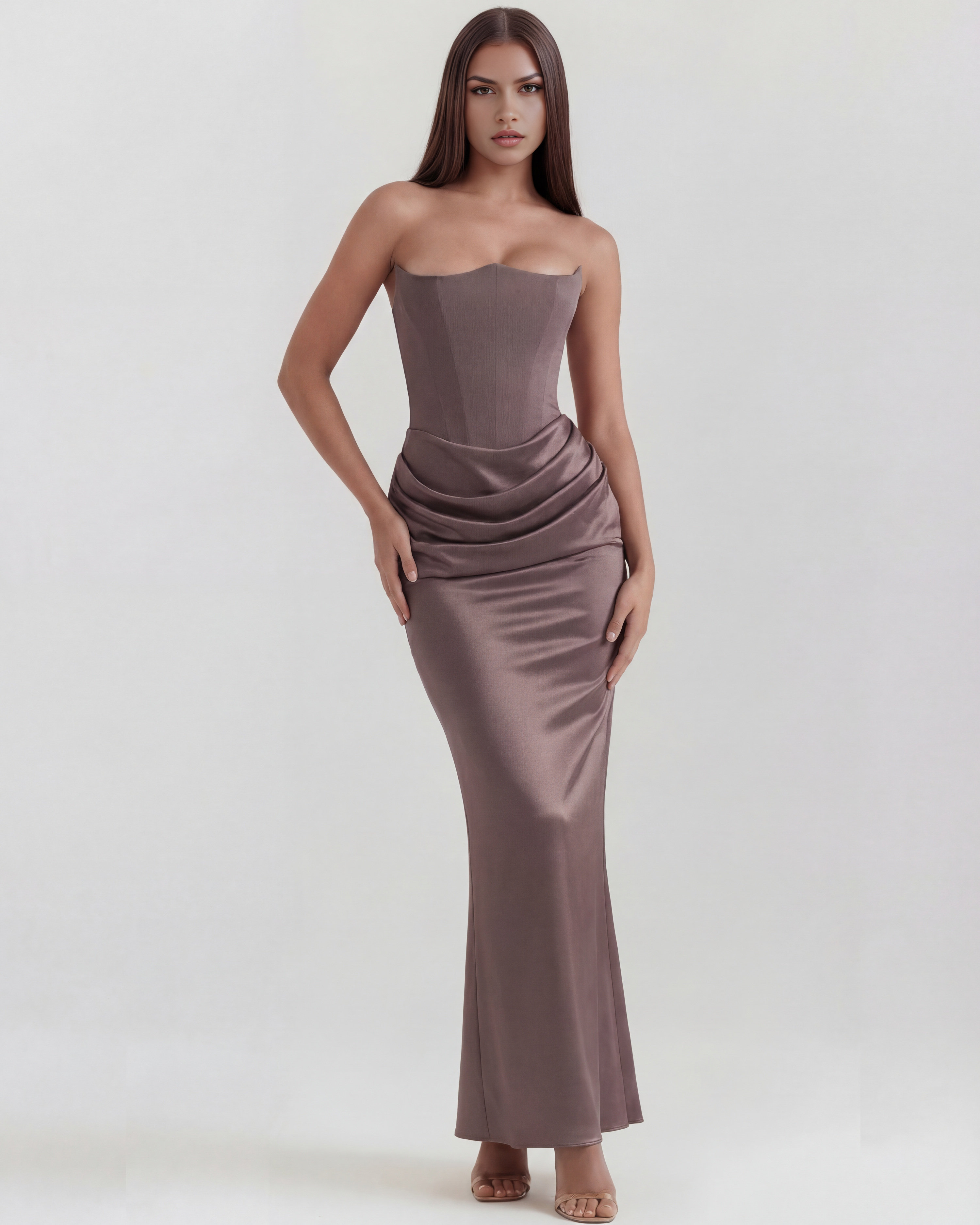 Burgundy Boned Corset Crepe Long Gown – Glamorous Wedding Guest Formal Dress