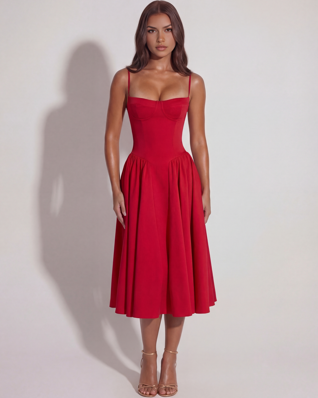 Sweetheart Neckline Midi Dress – Boned Corset Bodice Wedding Guest Summer Dress