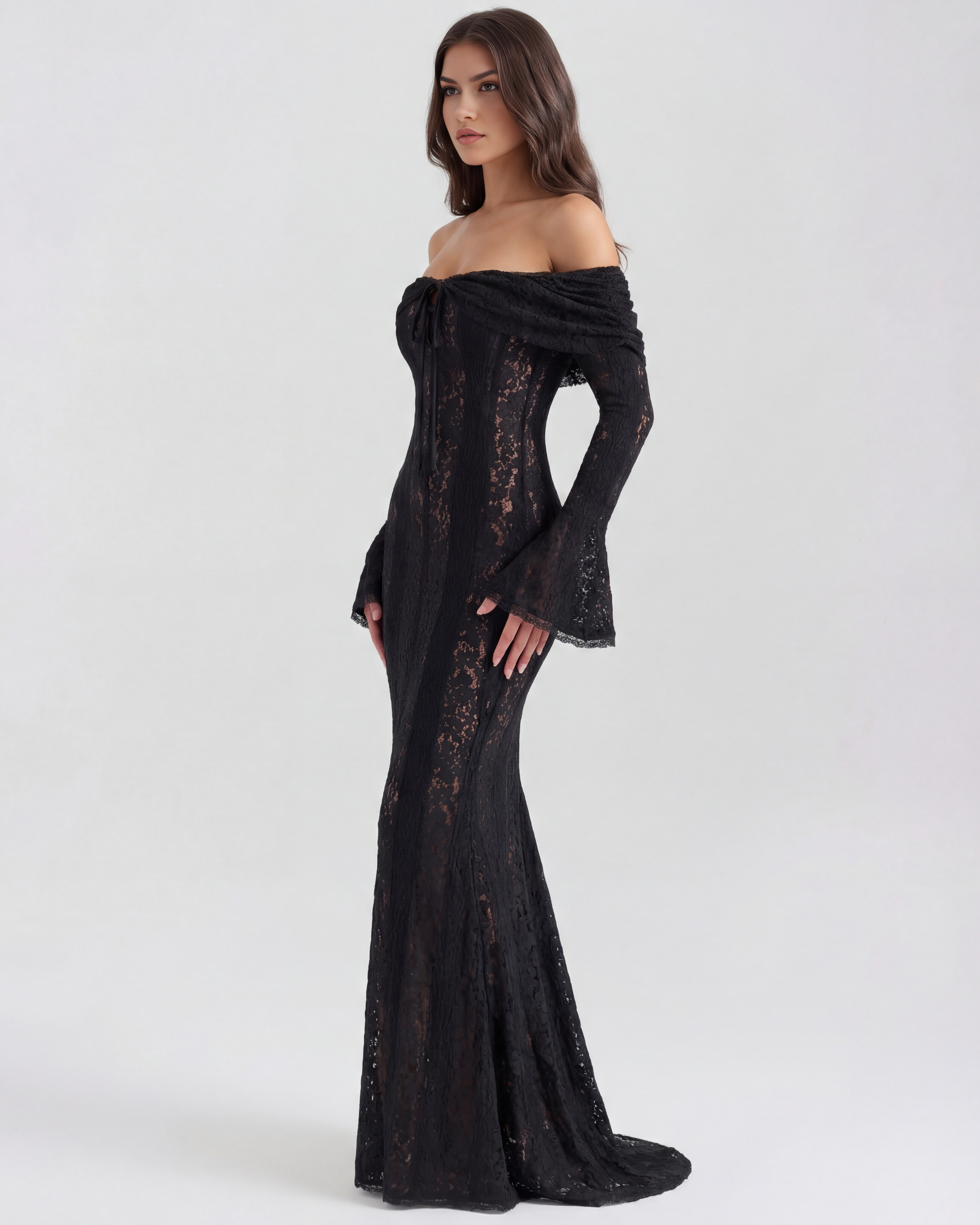 Zwarte Maxi-jurk met Bloemenkant, Off-Shoulder en Godet – Dramatische Avondjurk voor Bruiloftsgasten