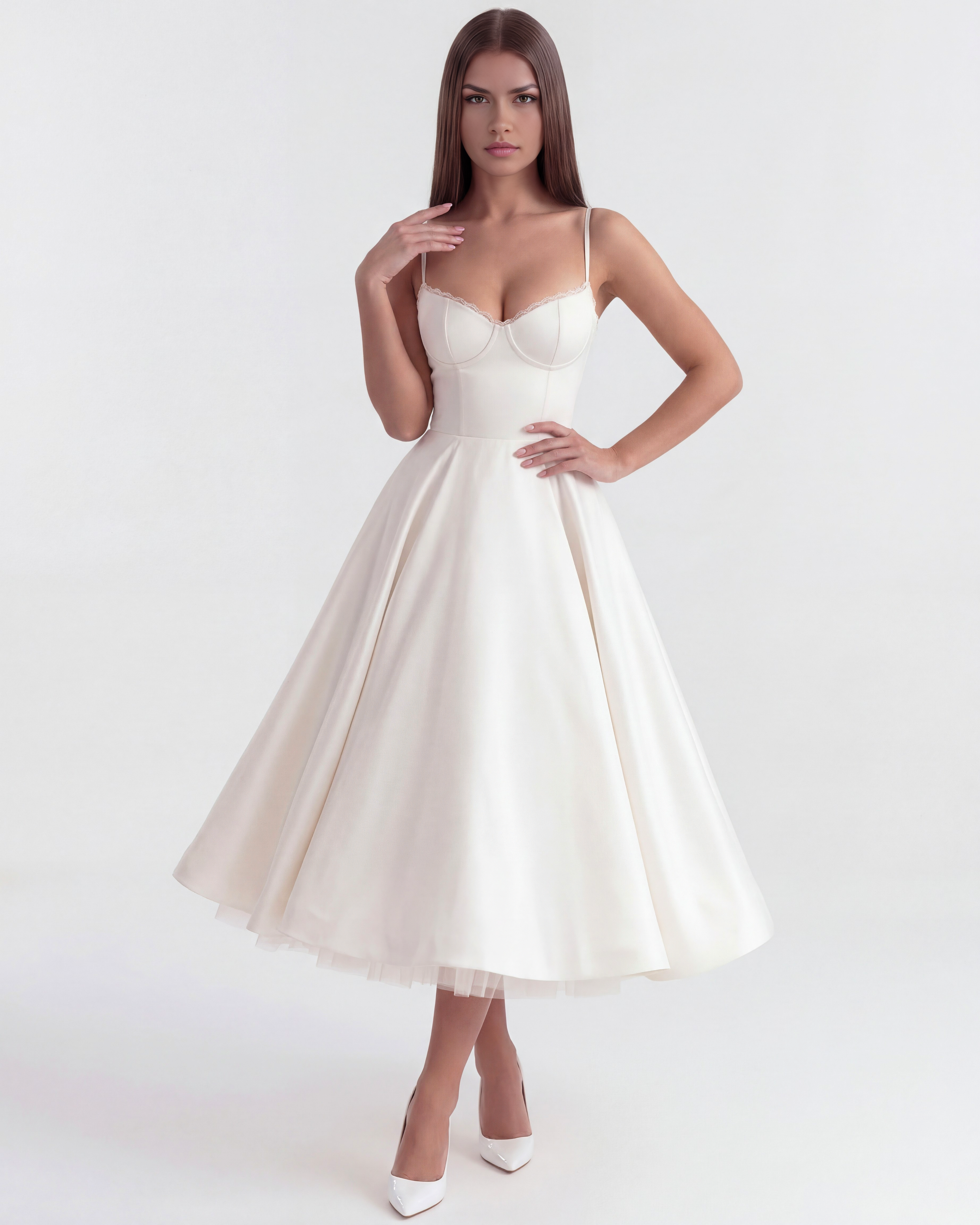 White Satin Tulle Boned Sweetheart Midi Dress with Pockets – Fairytale Wedding Guest Gown