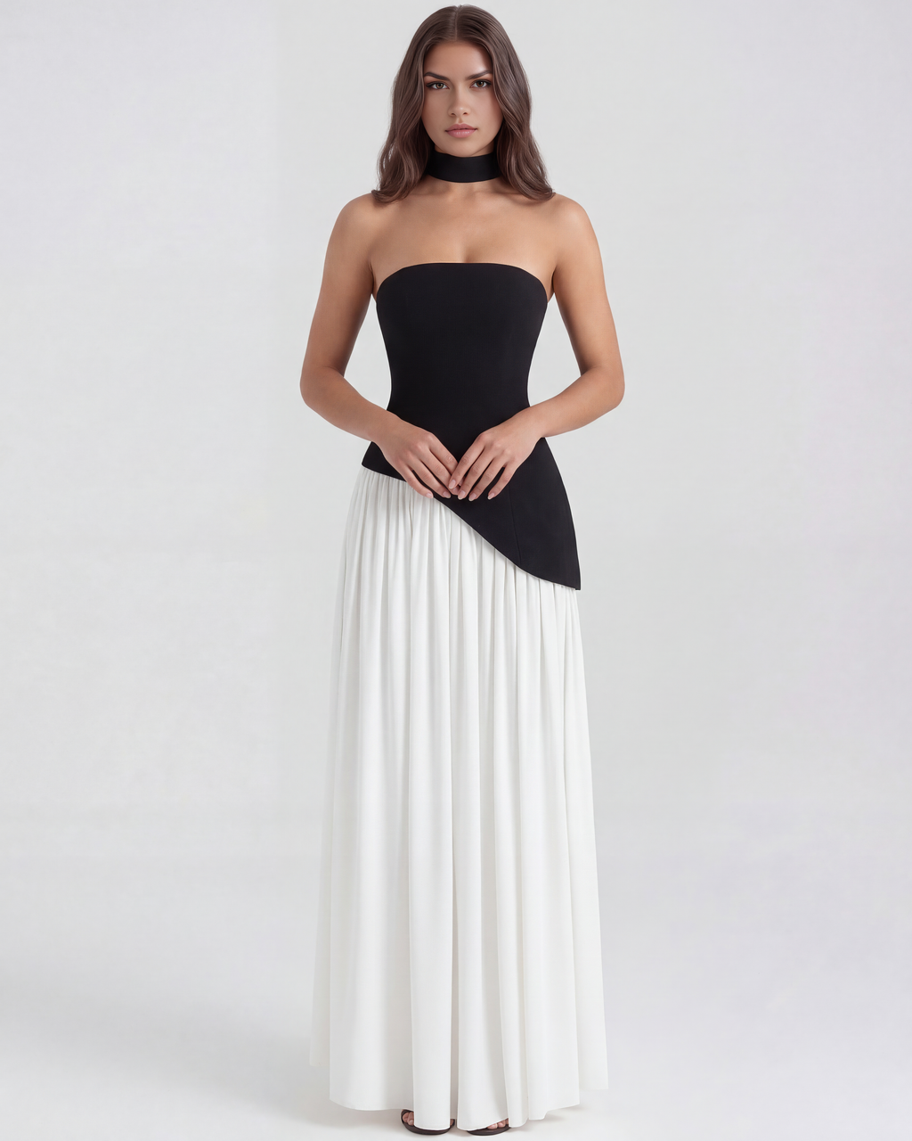 Black & White Strapless Chiffon Maxi Gown with Scarf – Black Tie Wedding Guest Dress