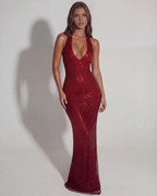 Rhinestone Halter Plunge Maxi Dress – Embellished Mesh Evening Gown Wedding Guest