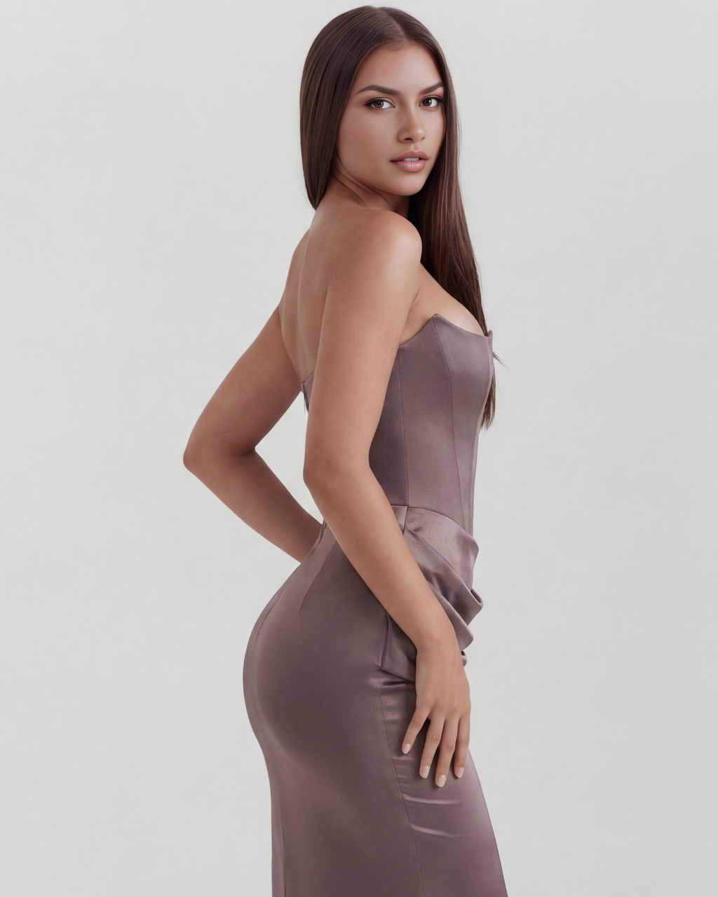 Burgundy Boned Corset Crepe Long Gown – Glamorous Wedding Guest Formal Dress