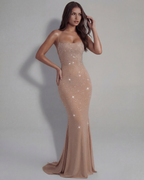 Gradient Rhinestone Square Neck Maxi Dress – Embellished Mesh Gown Open Lace-Up Back