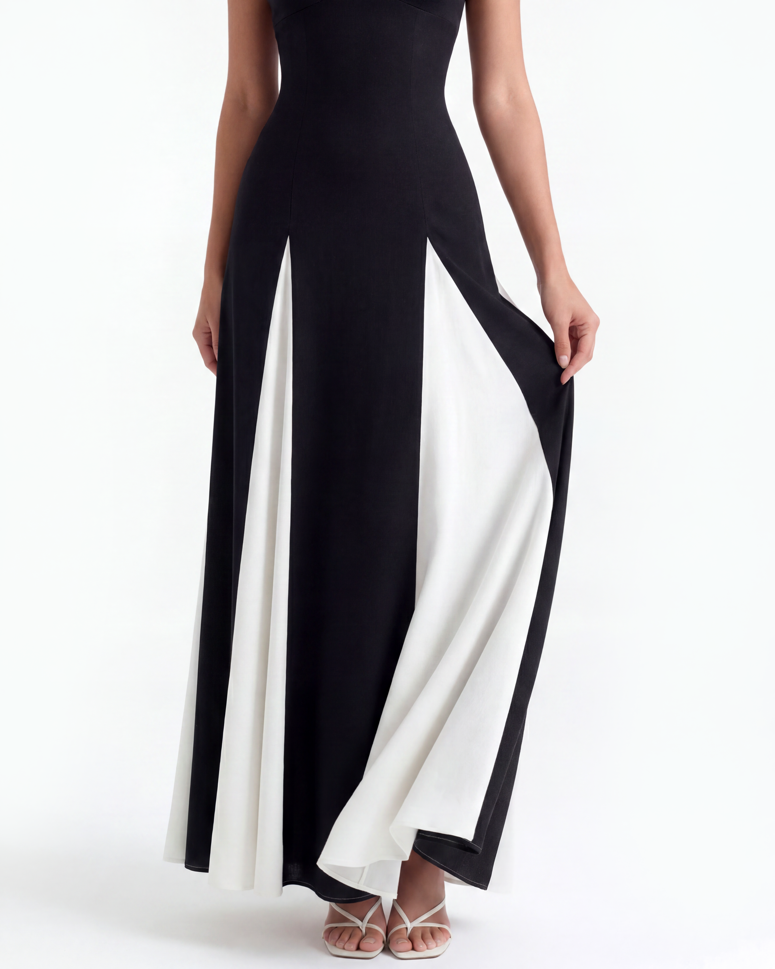 Cream A-Line Paneled Midi Dress – Elegant Wedding Guest Garden Party Outfit
