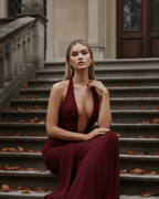 Plunge Halter Ruched Maxi Dress with Train – U-Wire Neckline Formal Evening Gown