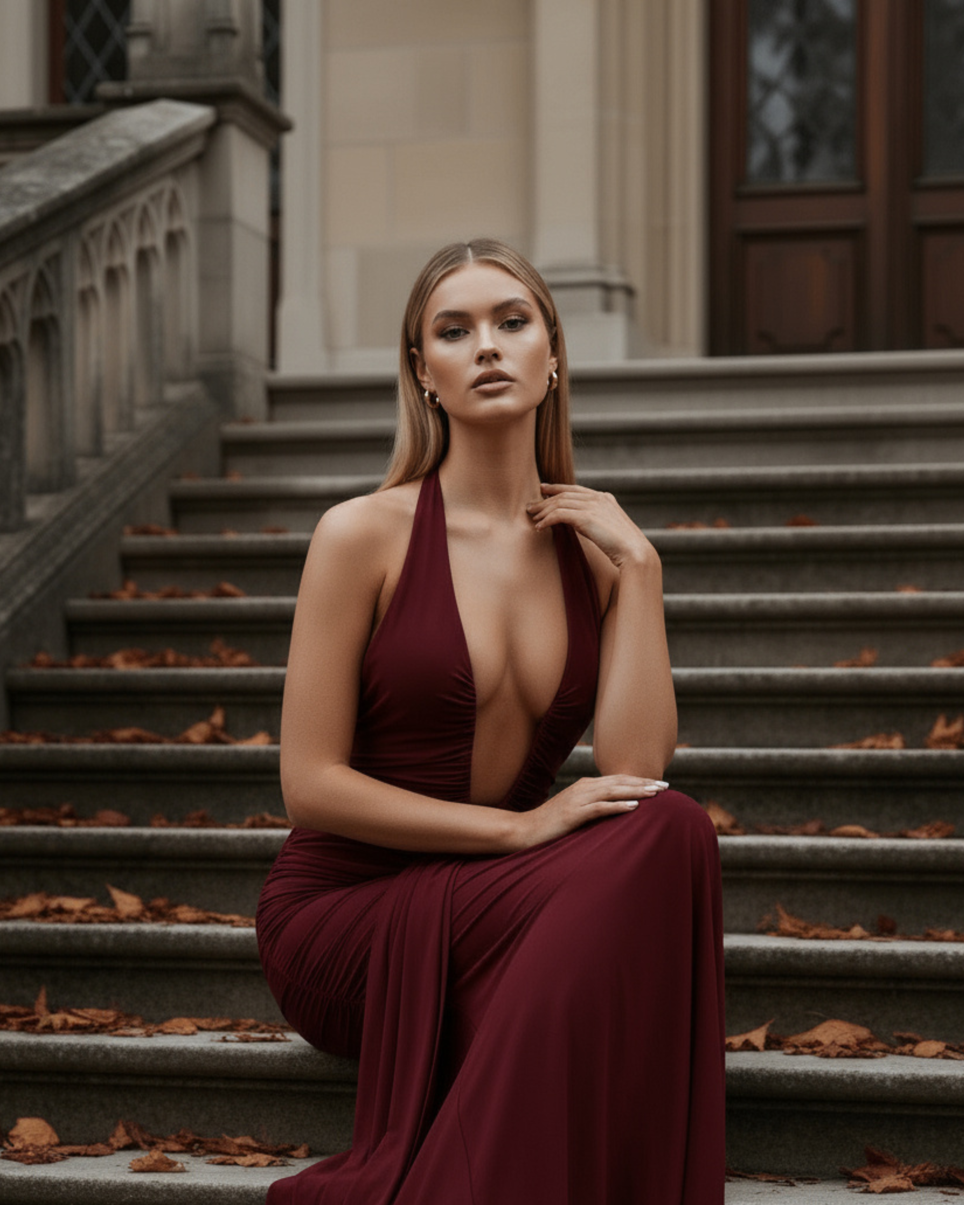 Plunge Halter Ruched Maxi Dress with Train – U-Wire Neckline Formal Evening Gown
