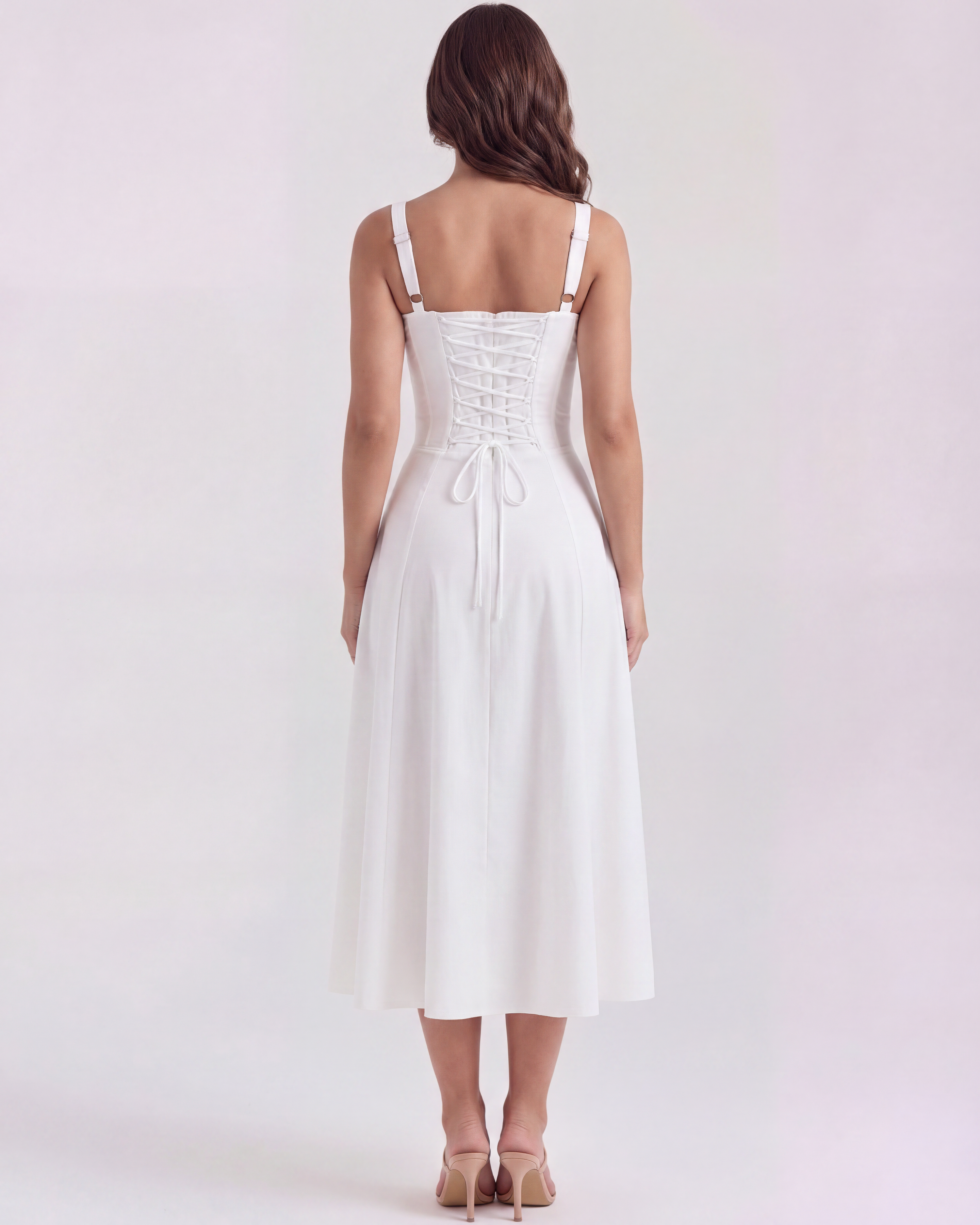 White Corseted Lace-Up Long Dress – Wedding Guest Garden Party Gown
