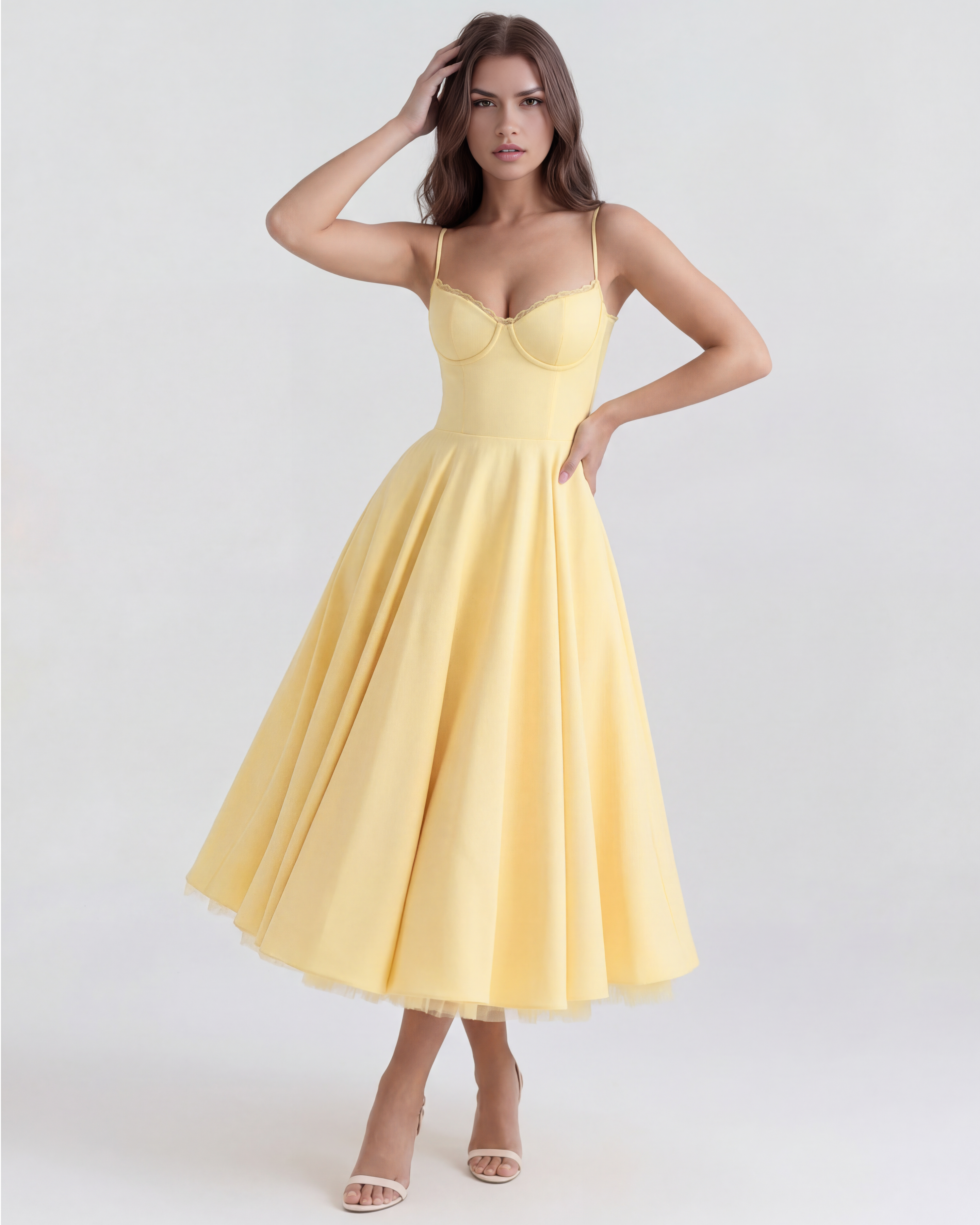 Buttergelbes Satin-Tüll-Midi-Kleid mit Korsett-Oberteil und Taschen – Frühlings-Hochzeitsgast-Kleid