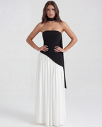 Black & White Strapless Chiffon Maxi Gown with Scarf – Black Tie Wedding Guest Dress