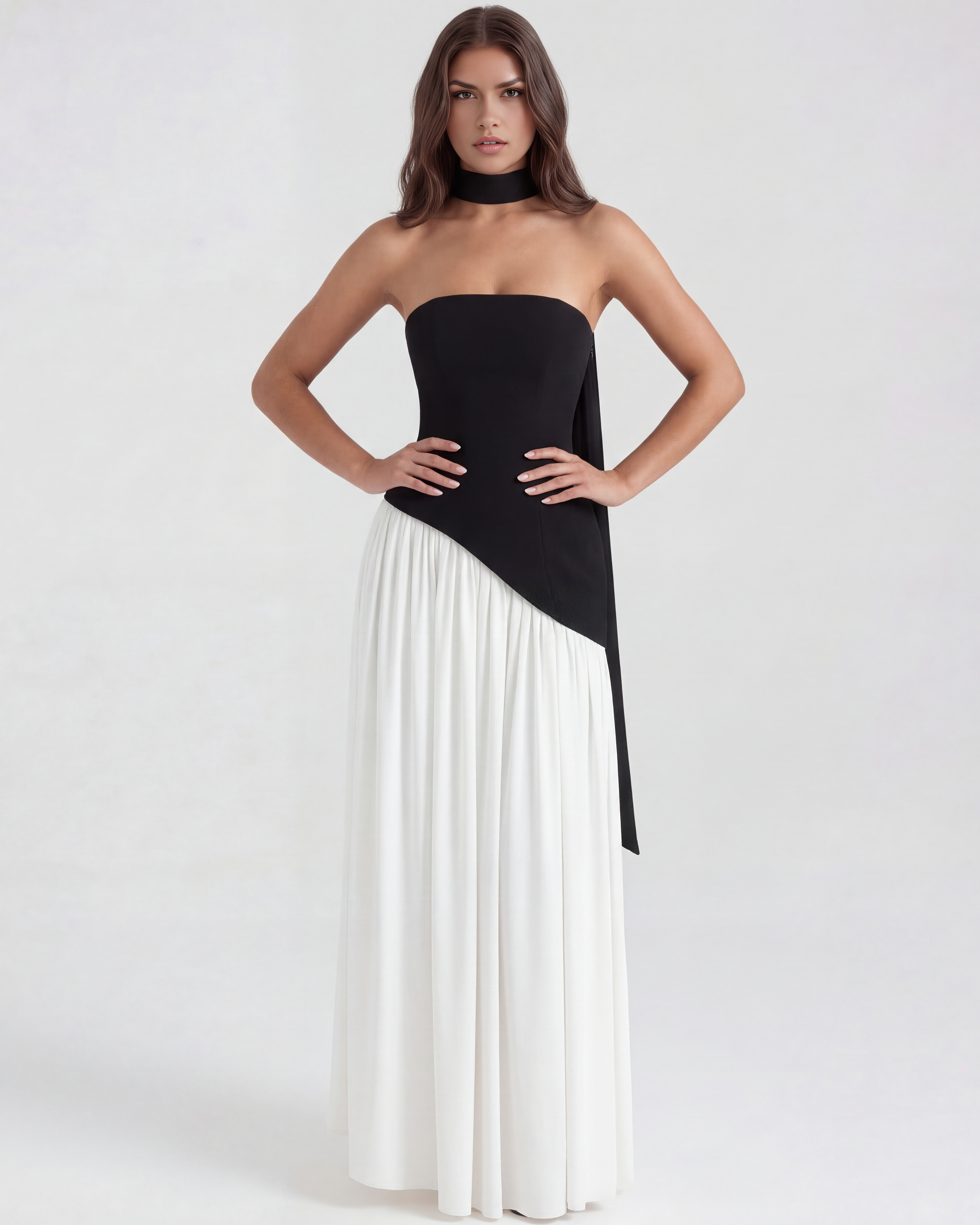 Black & White Strapless Chiffon Maxi Gown with Scarf – Black Tie Wedding Guest Dress