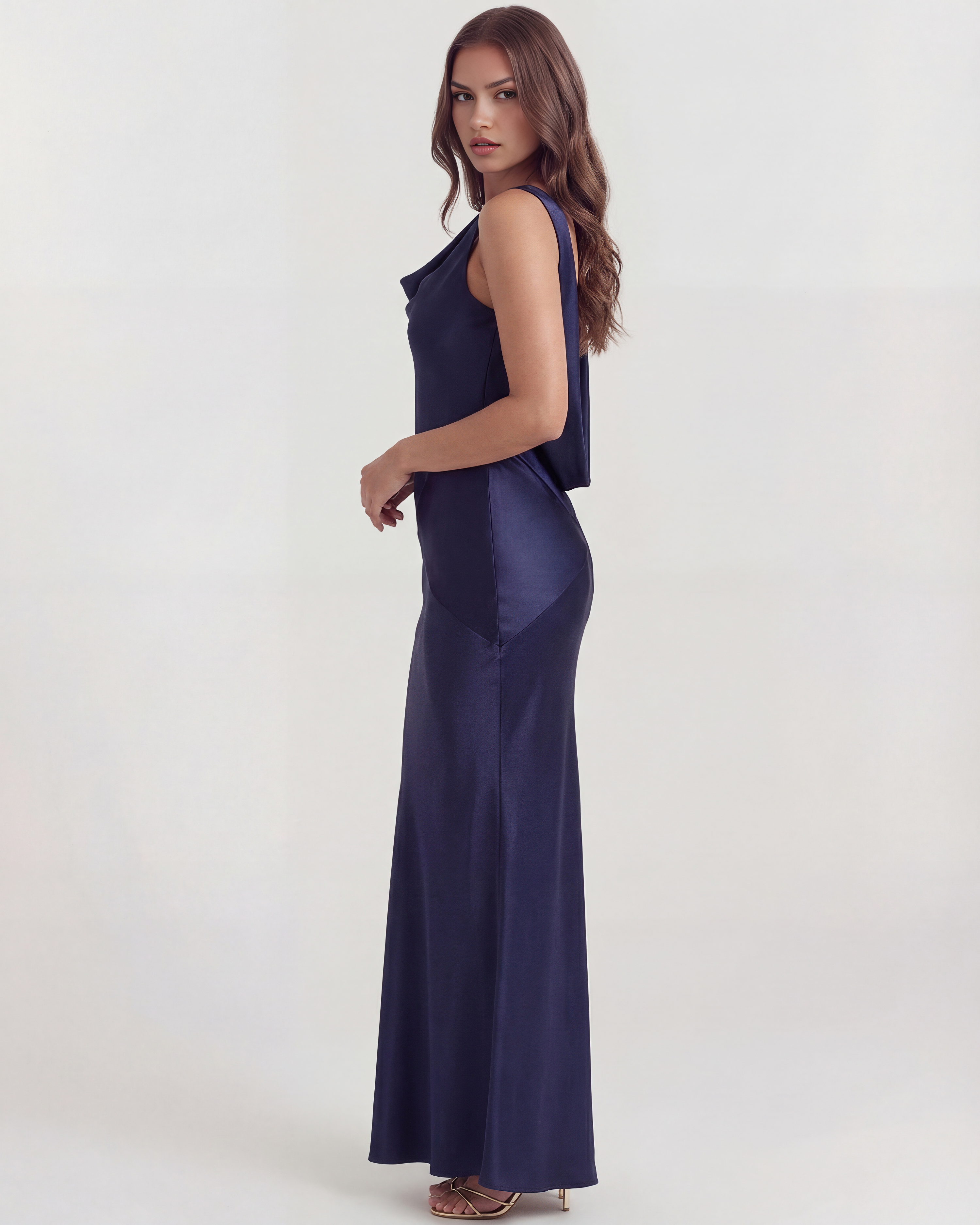 Deep Blue Satin Cowl Neck Open Back Maxi Gown – Black Tie Wedding Guest Dress