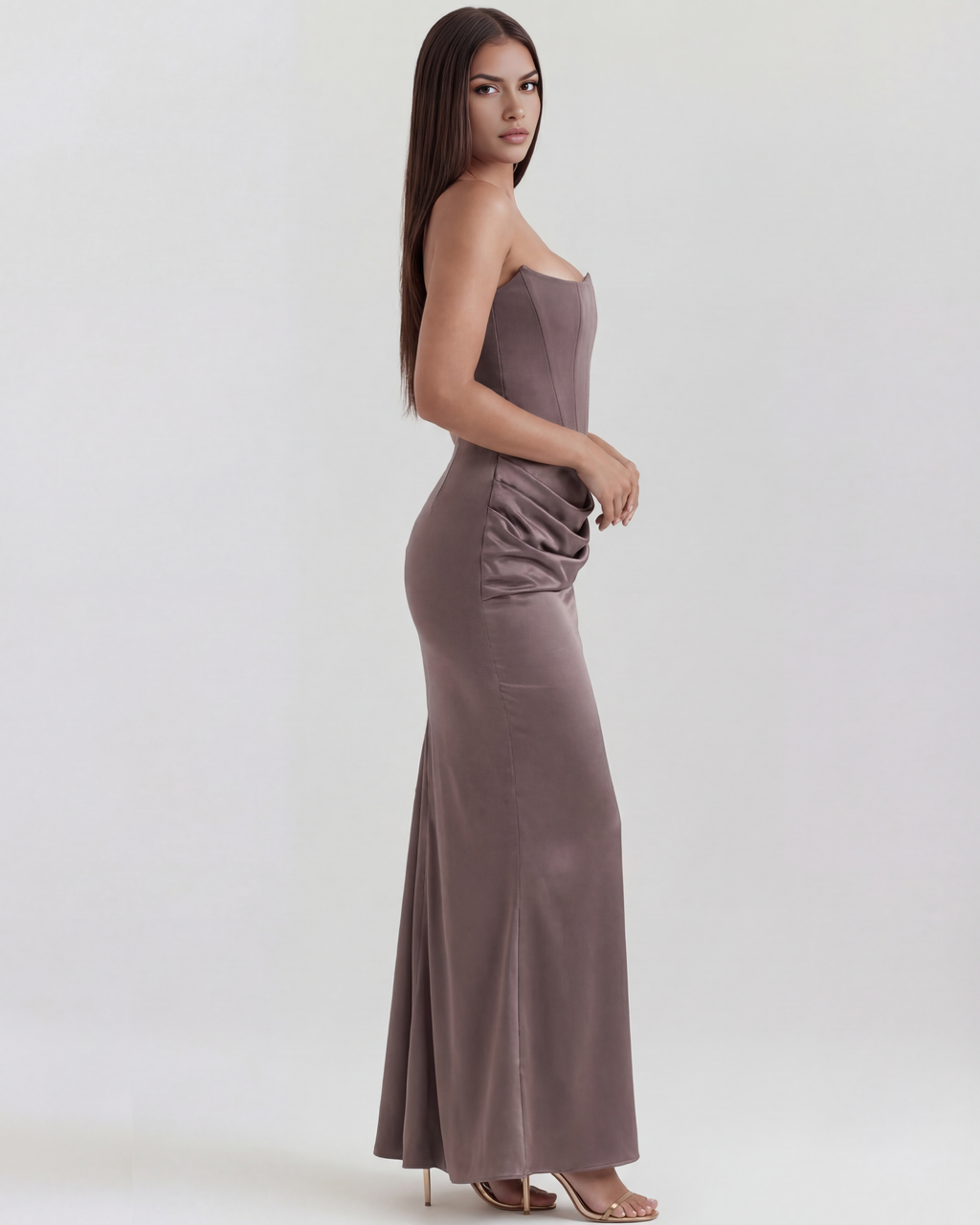 Burgundy Boned Corset Crepe Long Gown – Glamorous Wedding Guest Formal Dress