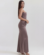 Burgundy Boned Corset Crepe Long Gown – Glamorous Wedding Guest Formal Dress