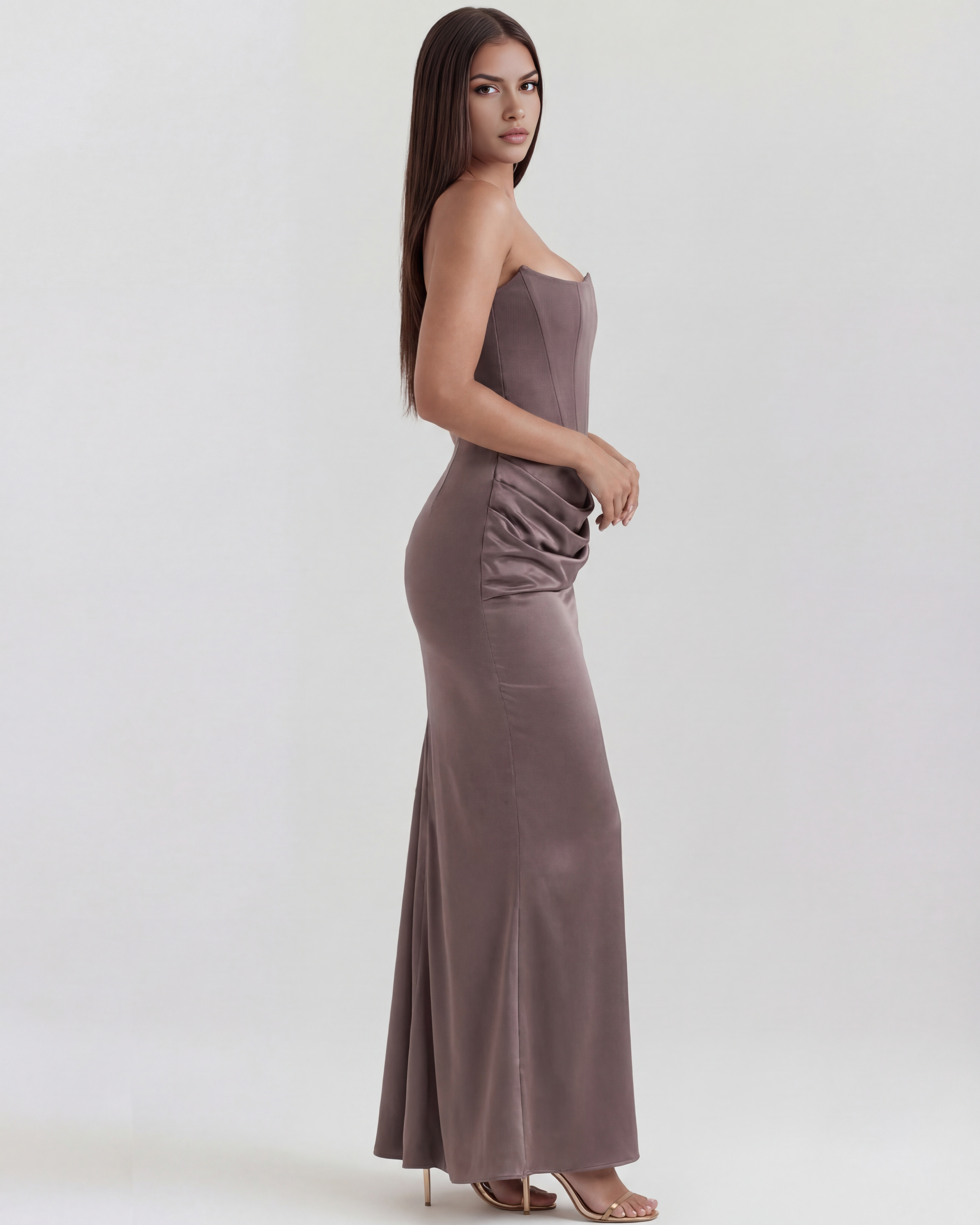 Burgundy Boned Corset Crepe Long Gown – Glamorous Wedding Guest Formal Dress