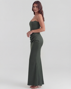 Forest Green Boned Corset Crepe Maxi Dress – Cinched Waist Formal Wedding Guest Gown