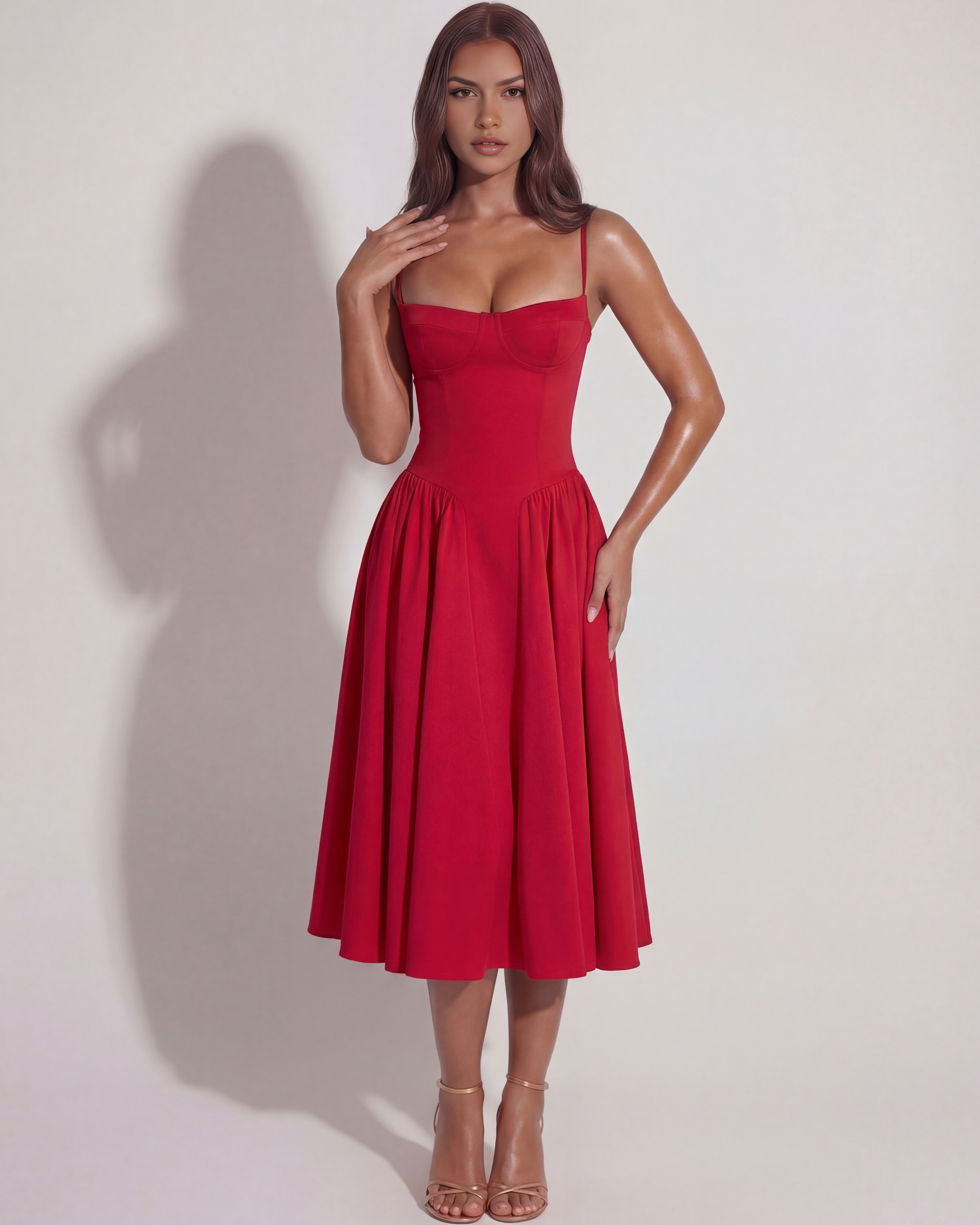 Sweetheart Neckline Midi Dress – Boned Corset Bodice Wedding Guest Summer Dress