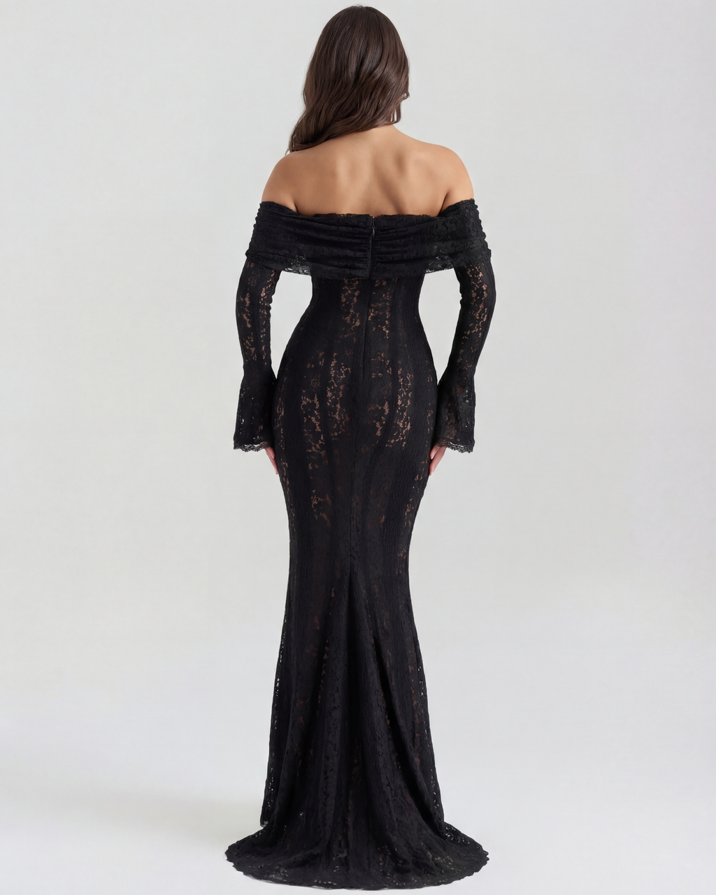 Zwarte Maxi-jurk met Bloemenkant, Off-Shoulder en Godet – Dramatische Avondjurk voor Bruiloftsgasten