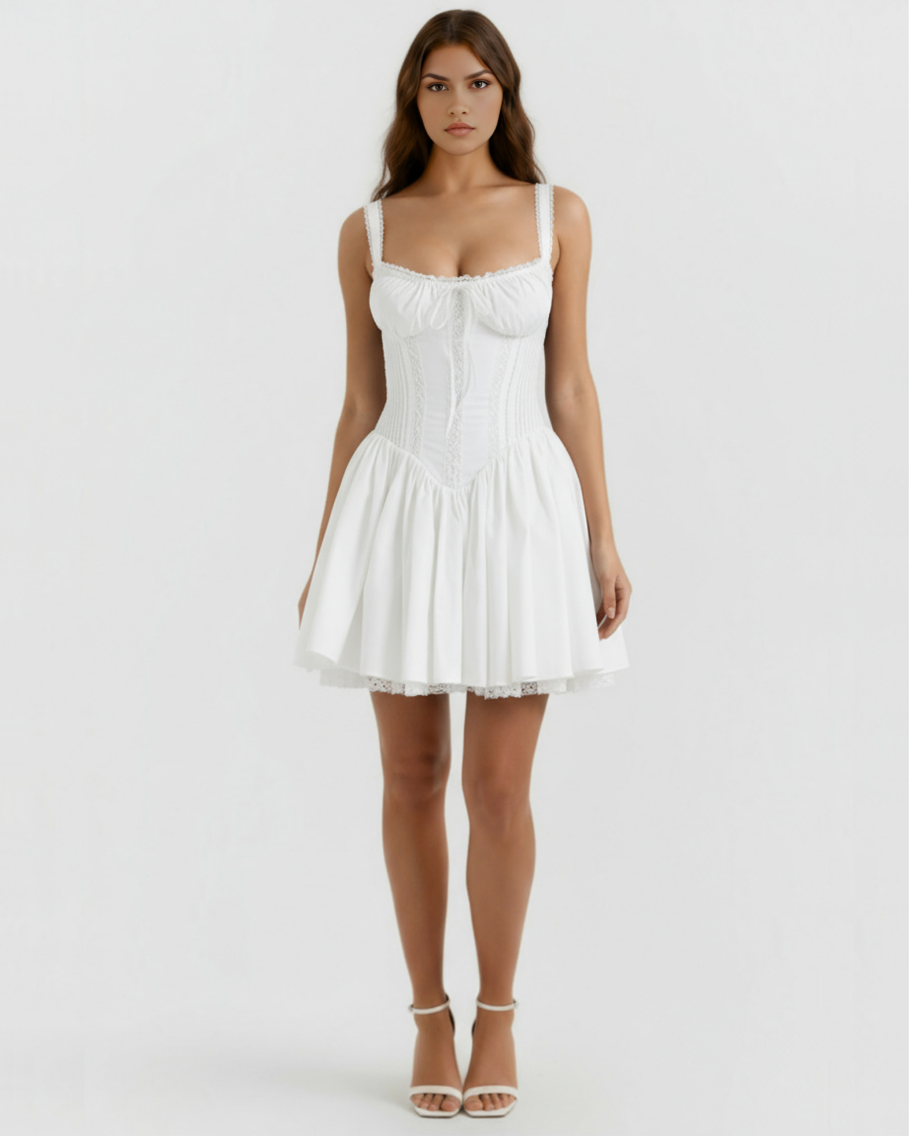 White Sweetheart Lace-Up Mini Dress – Feminine Wedding Guest Garden Party Outfit