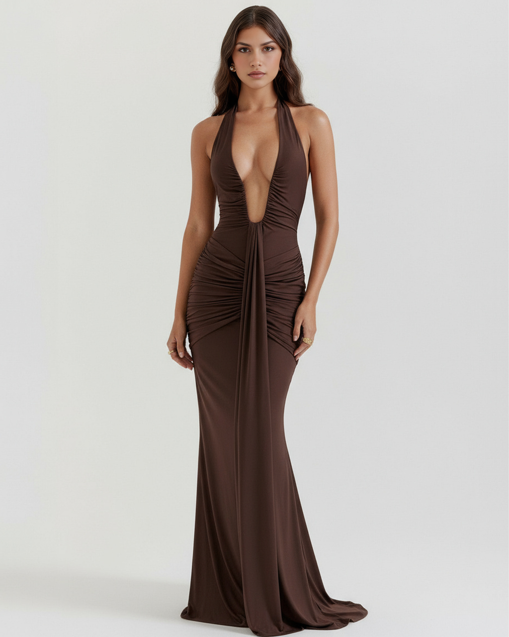 Brown Plunging Halter Ruched Maxi Dress with Train – Red Carpet Wedding Guest Gown
