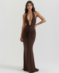 Brown Plunging Halter Ruched Maxi Dress with Train – Red Carpet Wedding Guest Gown