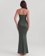 Forest Green Boned Corset Crepe Maxi Dress – Cinched Waist Formal Wedding Guest Gown