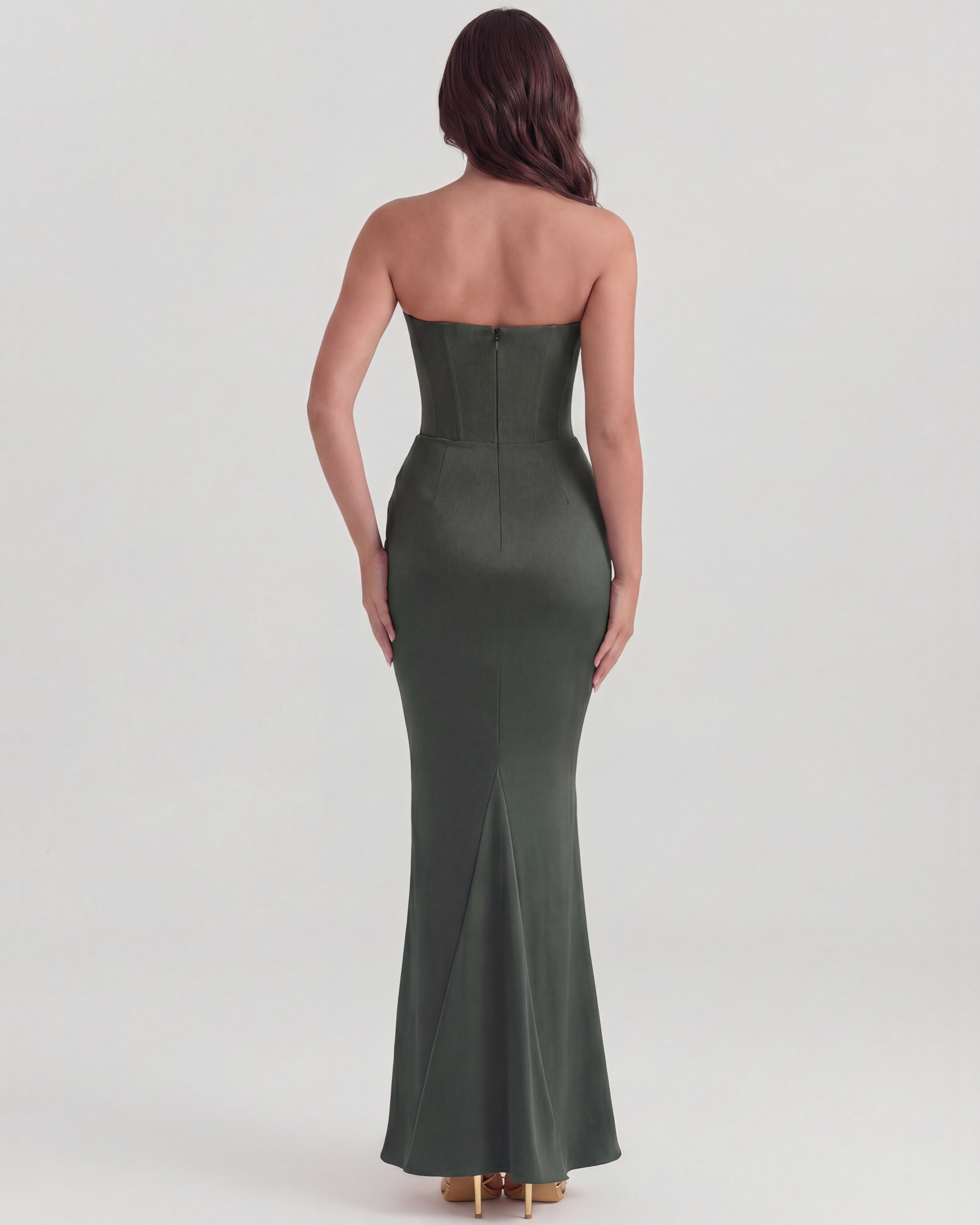 Forest Green Boned Corset Crepe Maxi Dress – Cinched Waist Formal Wedding Guest Gown