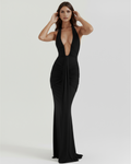Black Plunging Halter Ruched Maxi Gown with Train – Red Carpet Wedding Guest Dress